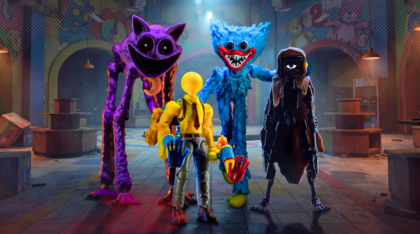 Two action figures in a dynamic pose against a dramatic background with light effects.