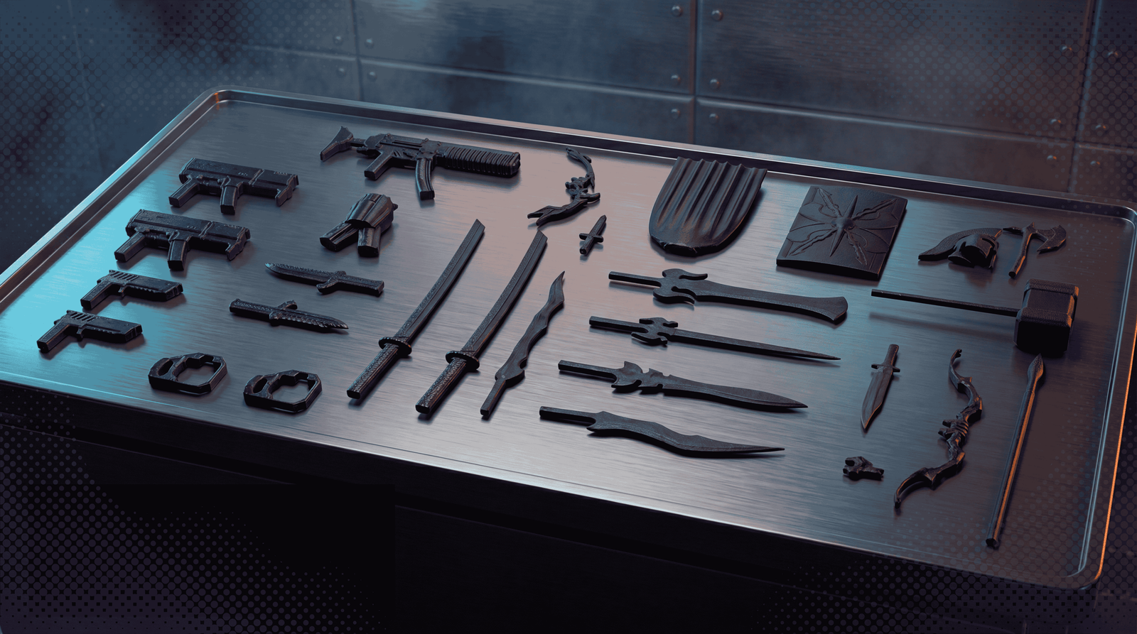 Collection of black tools and weapons on a metallic surface with a dark background