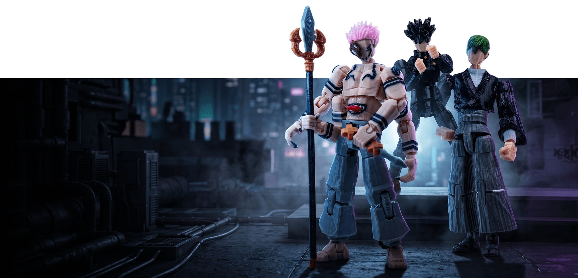 Two action figures standing in a dark, industrial setting with a cityscape in the background.