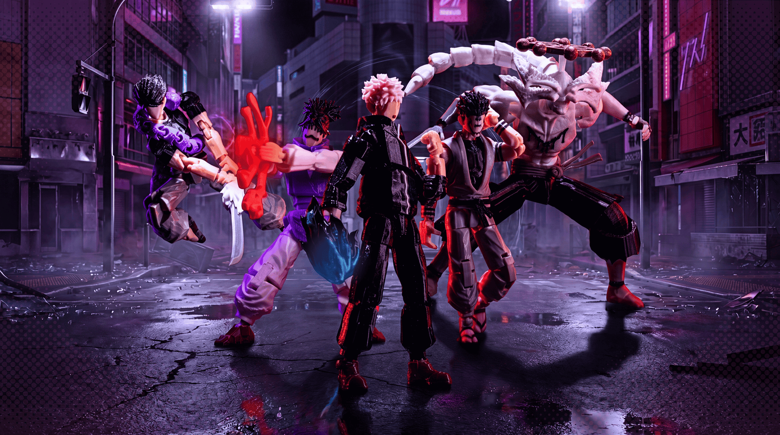 Animated characters in a dynamic pose on a city street at night.