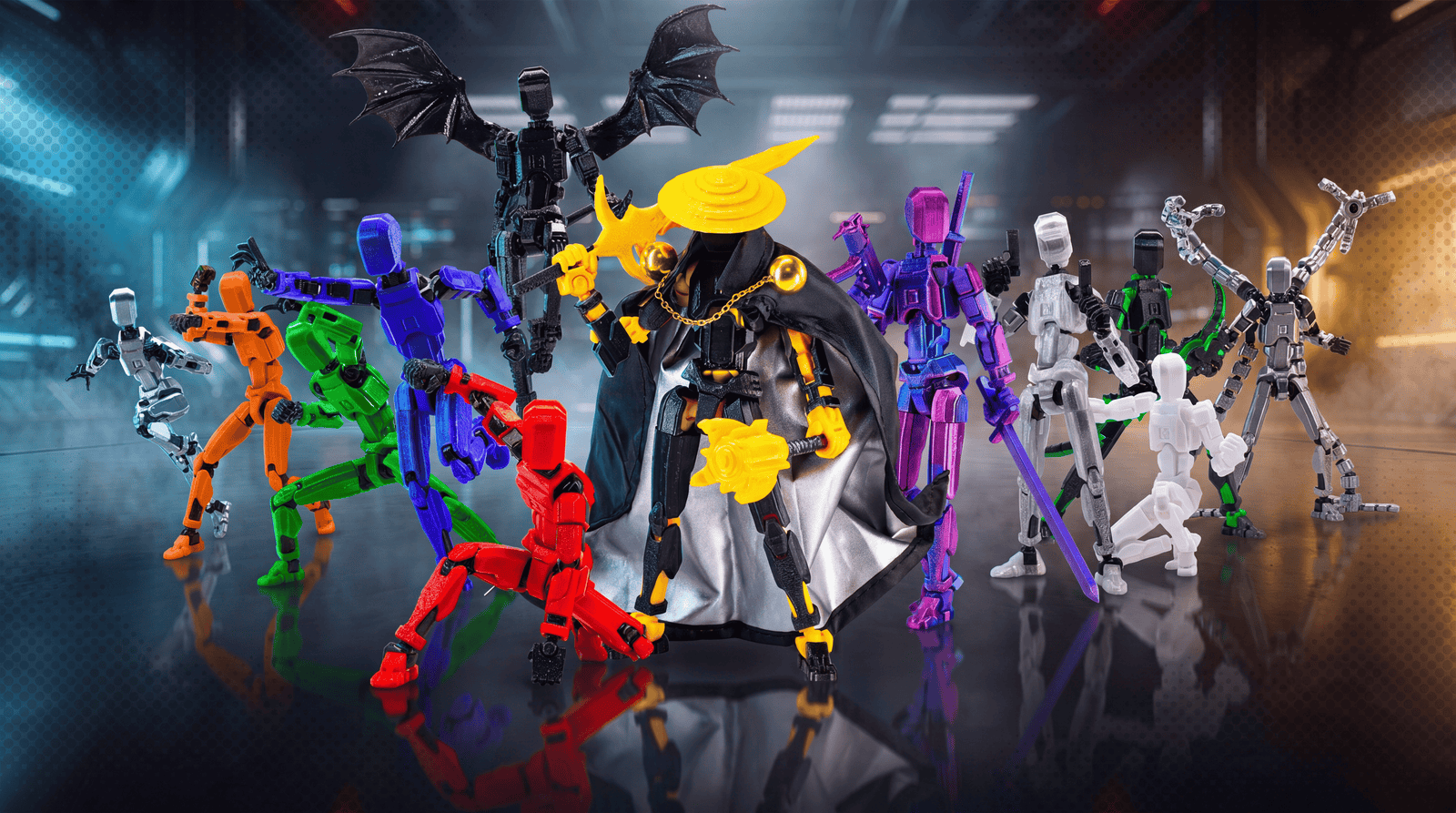 Colorful toy figures in a futuristic setting with a dark background