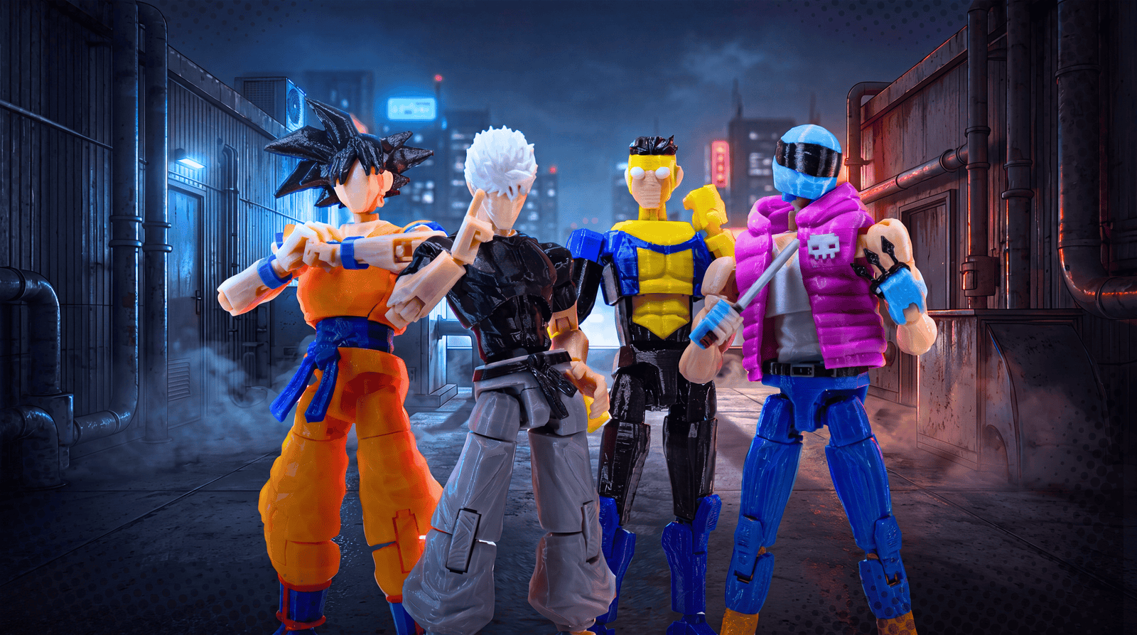 Four action figures in a dark, industrial setting