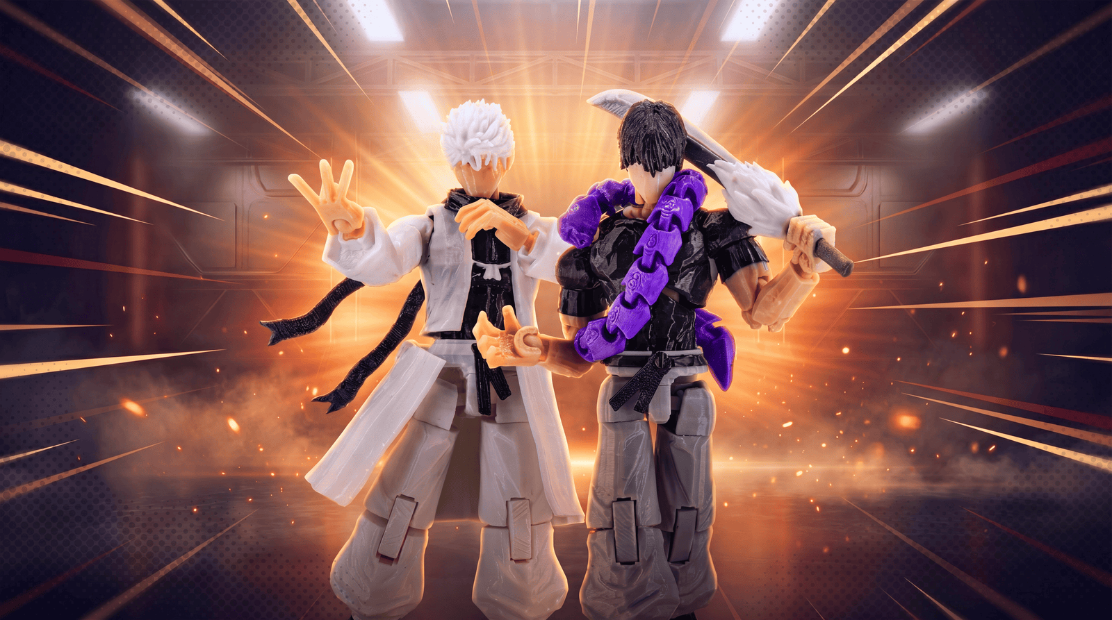 Two action figures in a dynamic pose against a dramatic background with light effects.