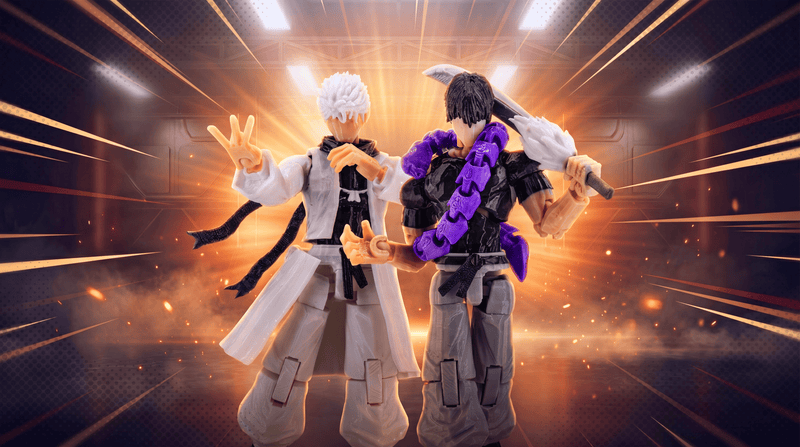 Two action figures in a dynamic pose against a dramatic background with light effects.