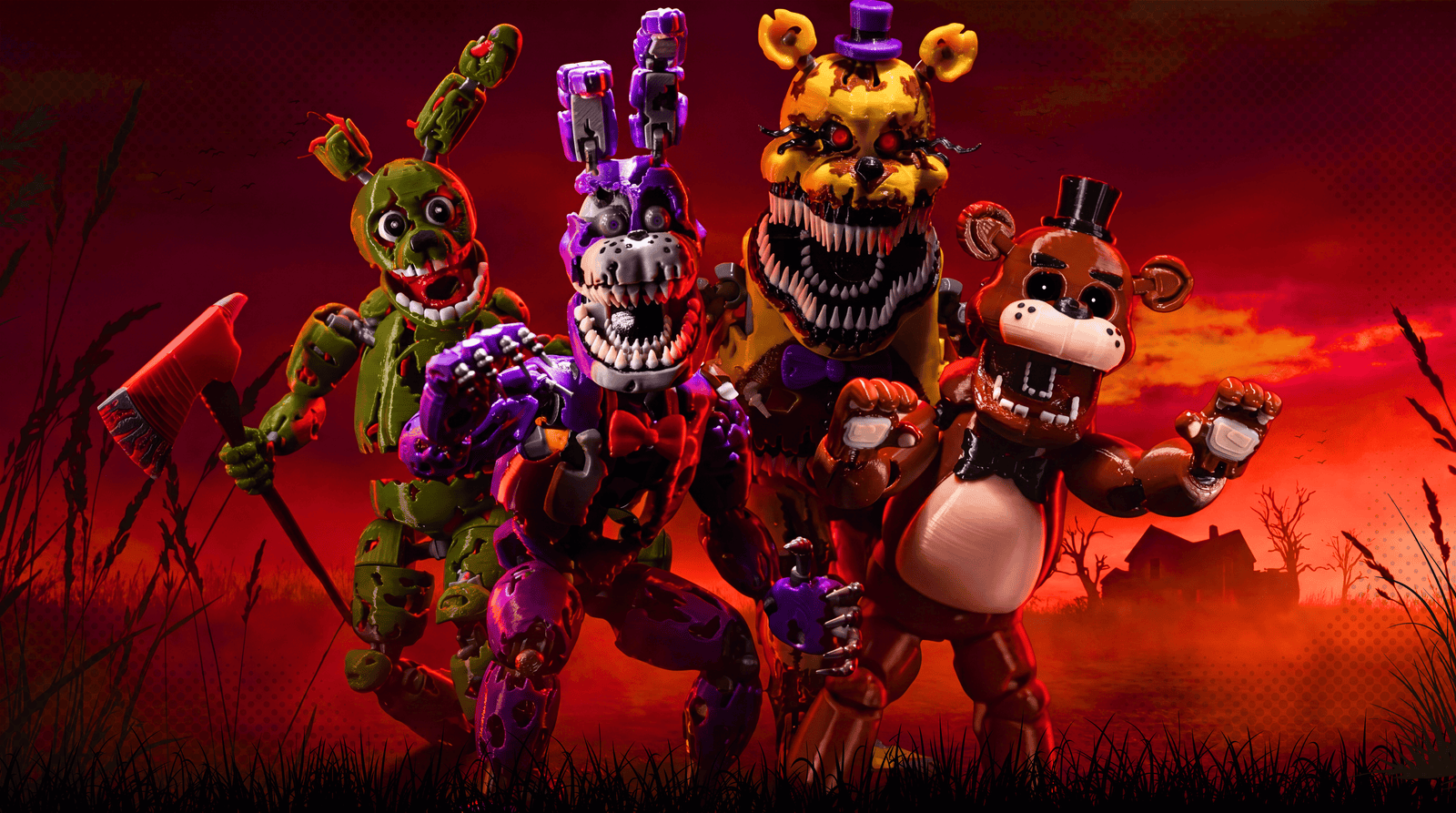 Four animated characters with a fiery background