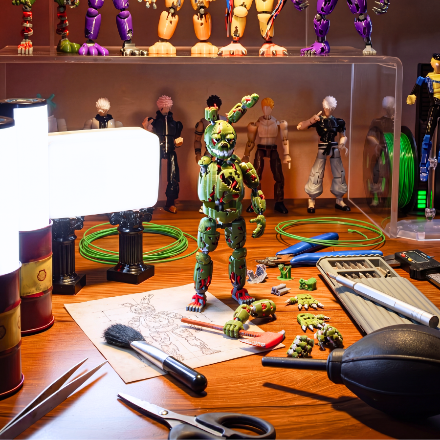 Action figure on a wooden table with tools and other figures in the background