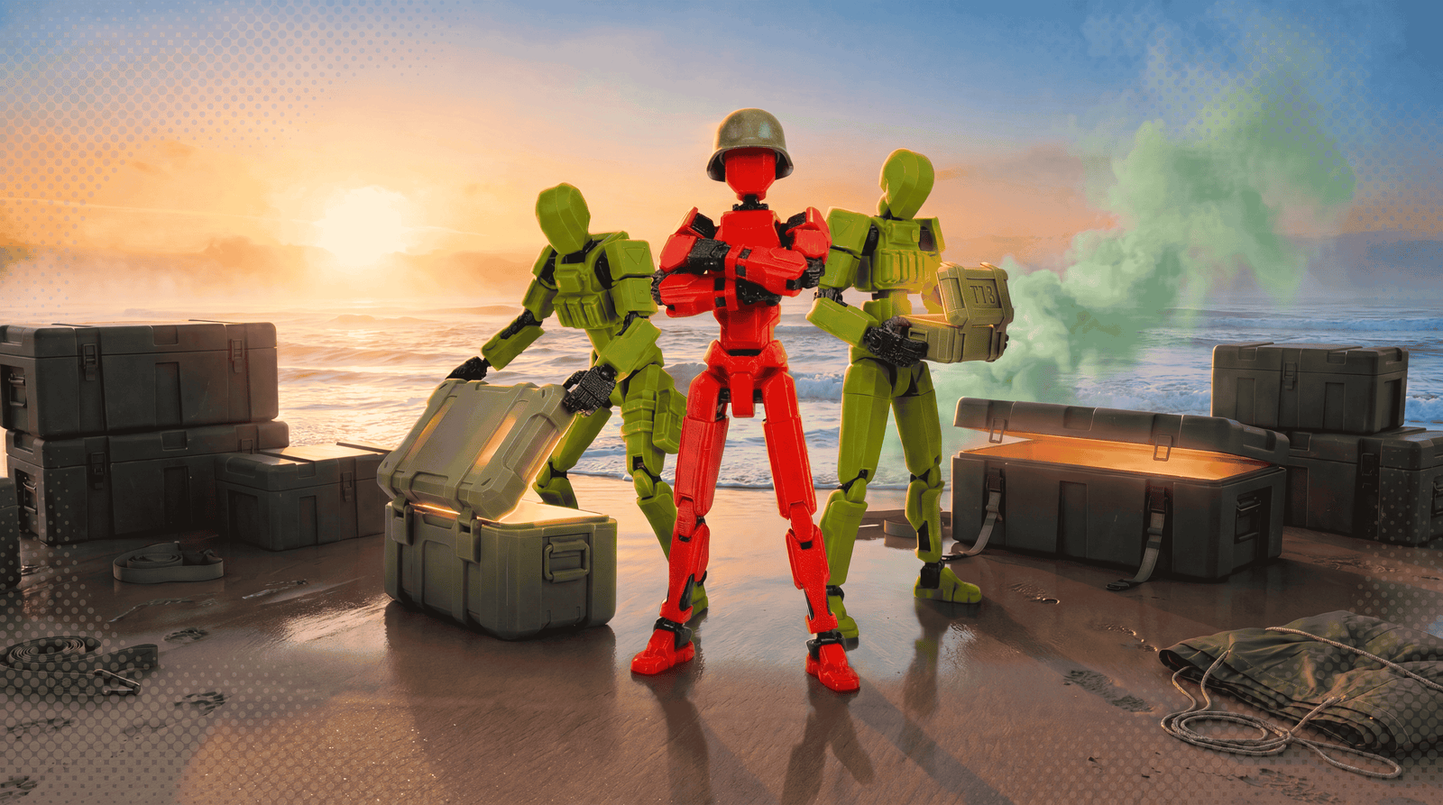 Three toy figures in green and red on a beach with a sunset background