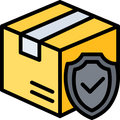 A graphic of a boxed package with a shield symbol beside it, indicating protection or security.