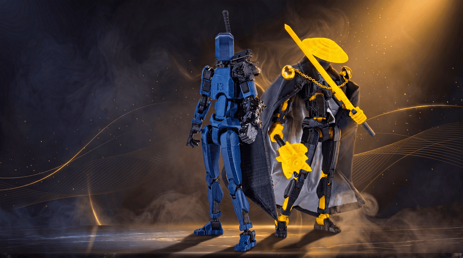 Two robot figures, one blue and one yellow with a cape, against a dark background.