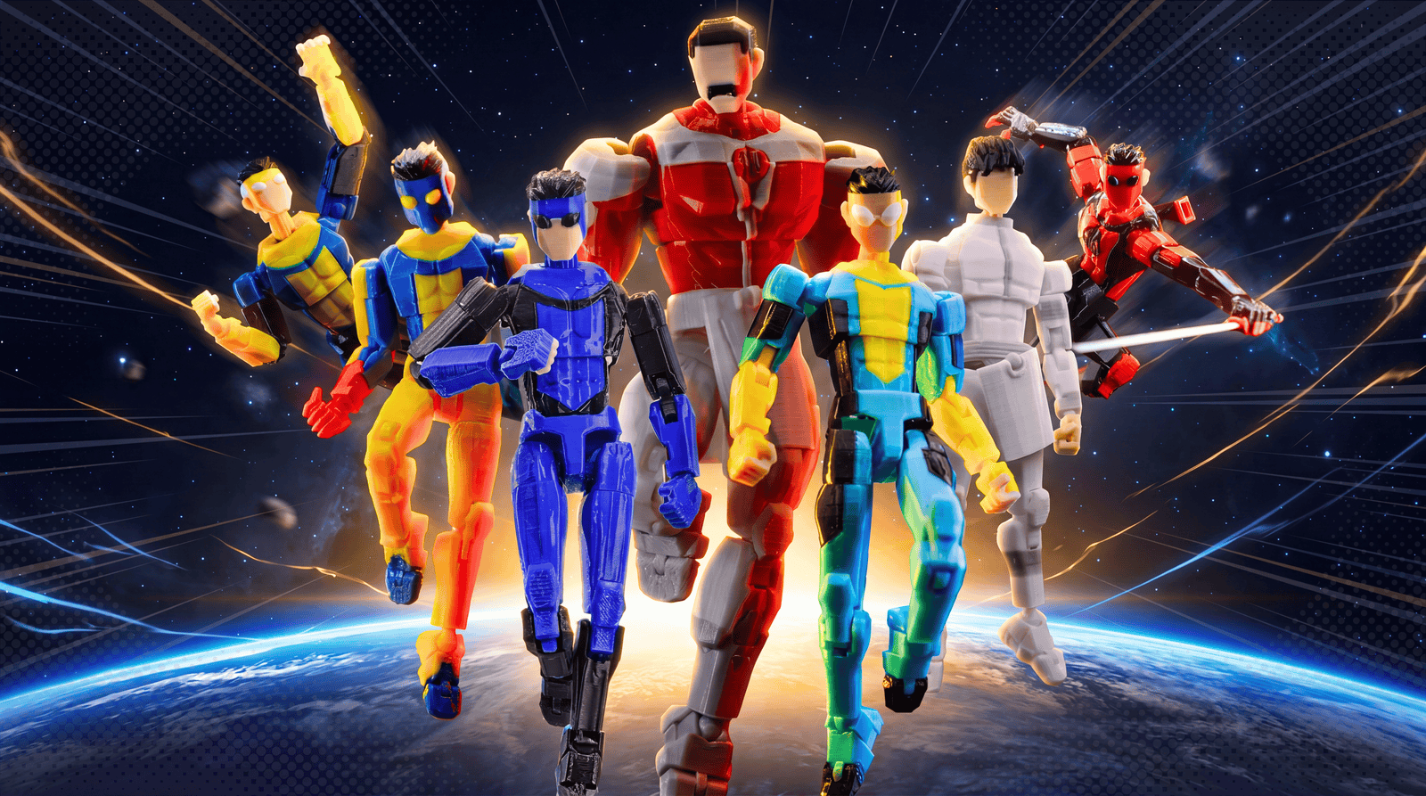 Toy figures in colorful costumes standing on a planet with Earth in the background