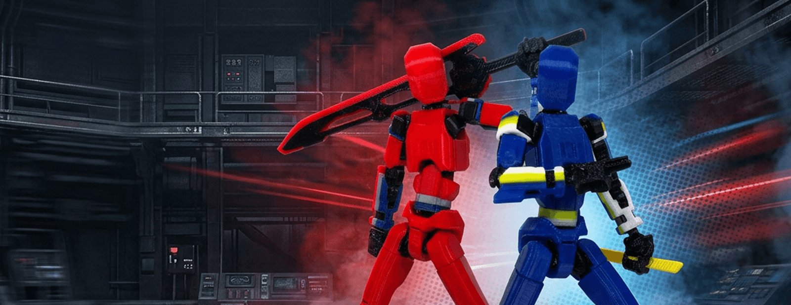 Two robot figures, one red and one blue, in a dynamic pose with a futuristic background.