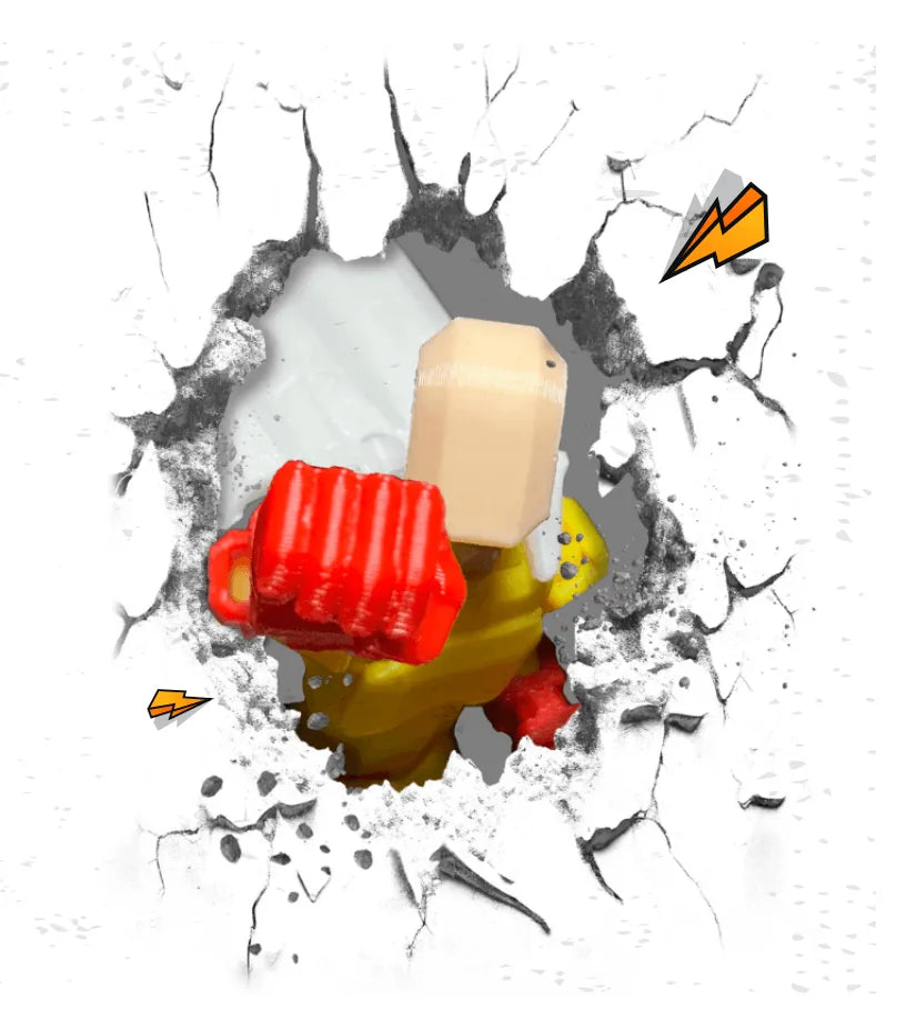Action figure breaking a wall