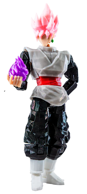 Action figure with pink hair and colorful outfit on a white background